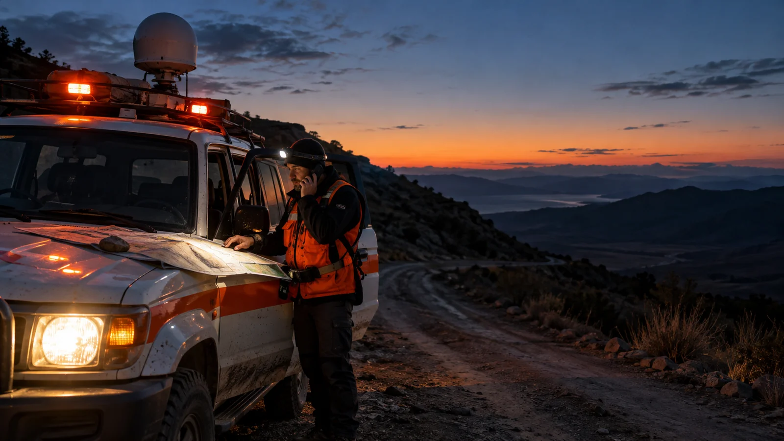 Responder on a satellite phone beside a rescue vehicle