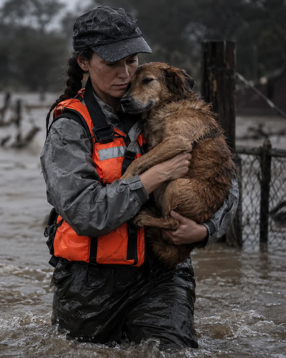 Hero: responder carrying a rescued dog from floodwater