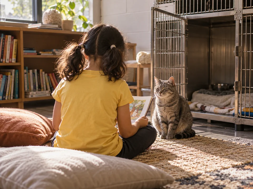 Child reading to a calm shelter cat