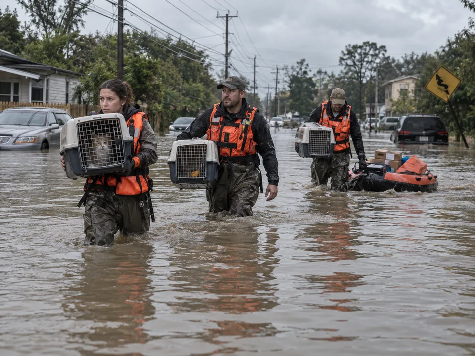 Responders wading through a flooded street with carriers