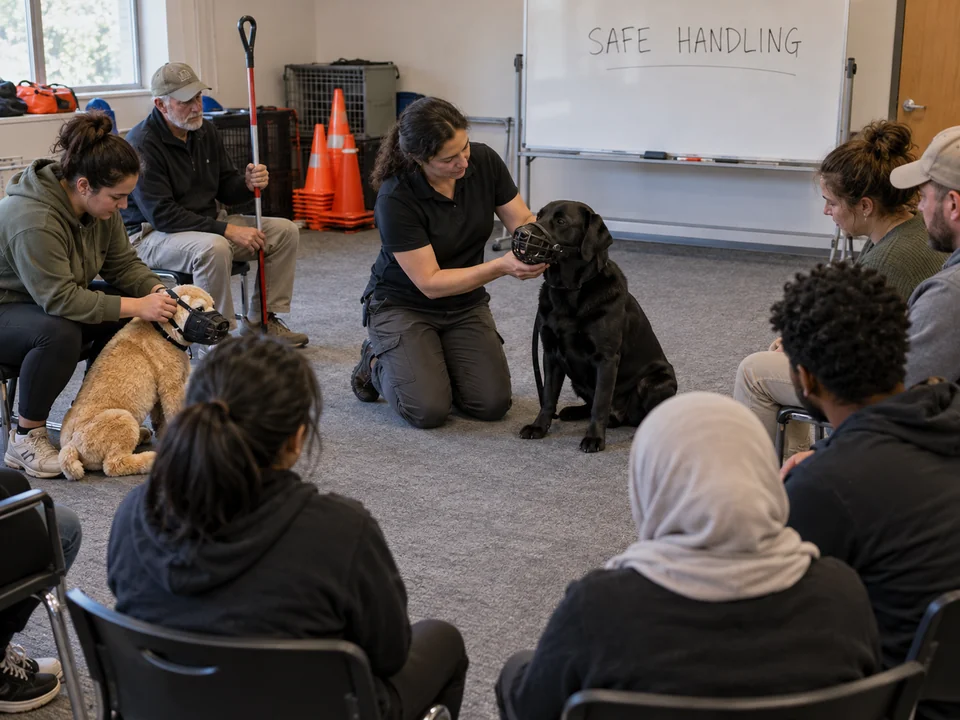 Volunteers practicing safe-handling with a muzzle demo