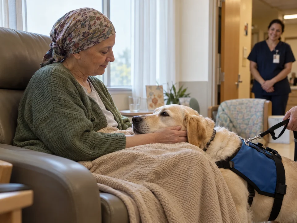 Therapy session: dog resting its head on a patient&rsquo;s lap